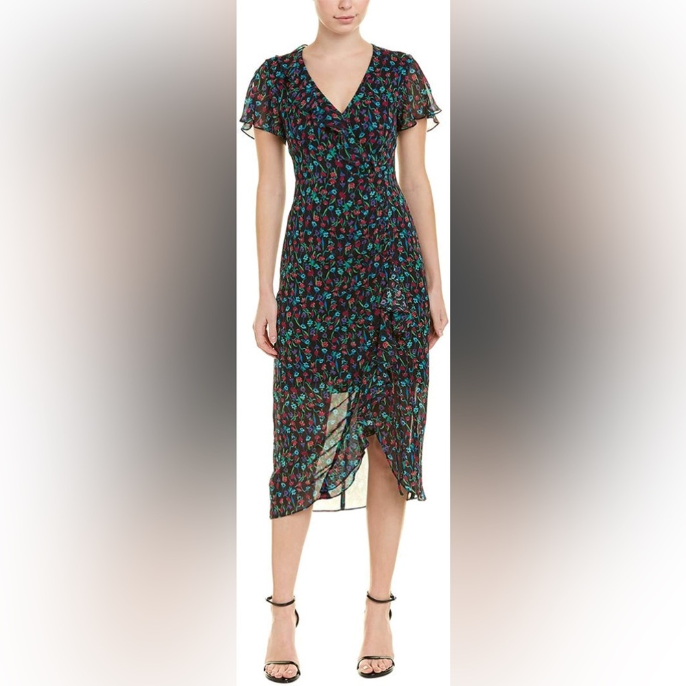 Nanette Lepore size 8 black/multicolor floral silk chiffon dress.